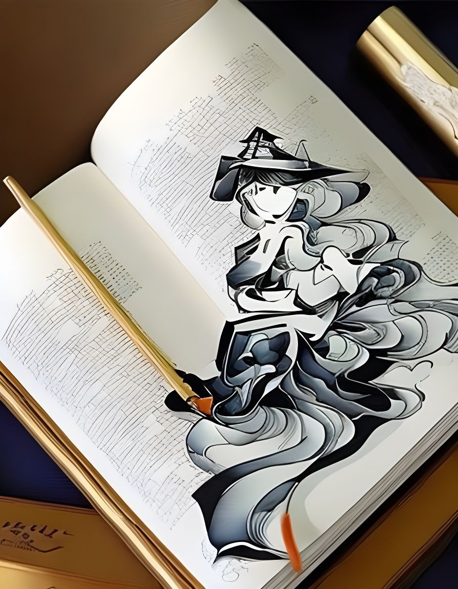 Cute Witch Sleeps on Book in Ink Art Style