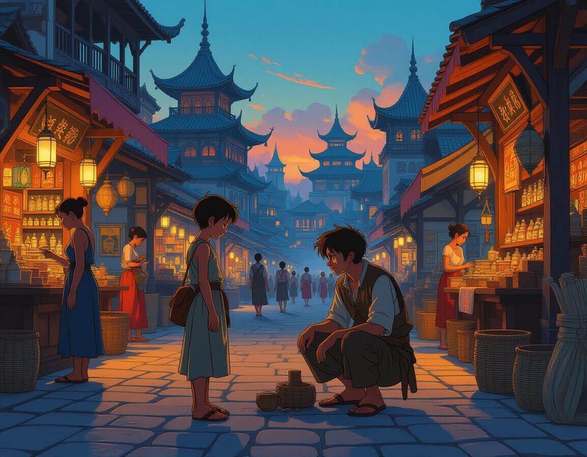 Twilight Urchin in Vibrant Medieval Harbor City