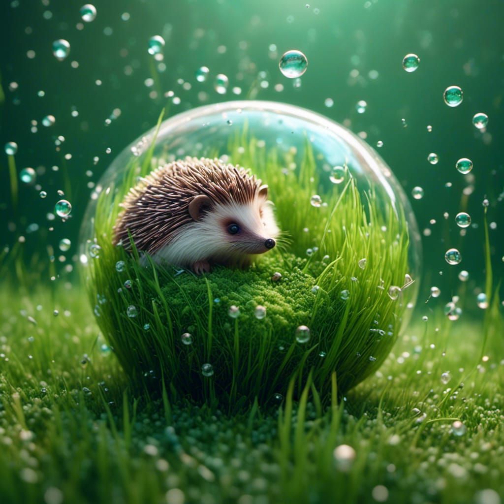 Hedgehog Made of Grass Inside a Soap Bubble