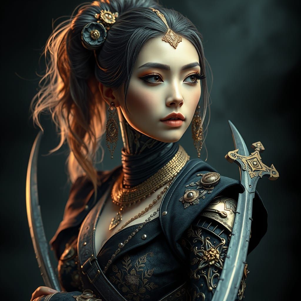 Elegant Cyborg Pirate with Floral Etchings