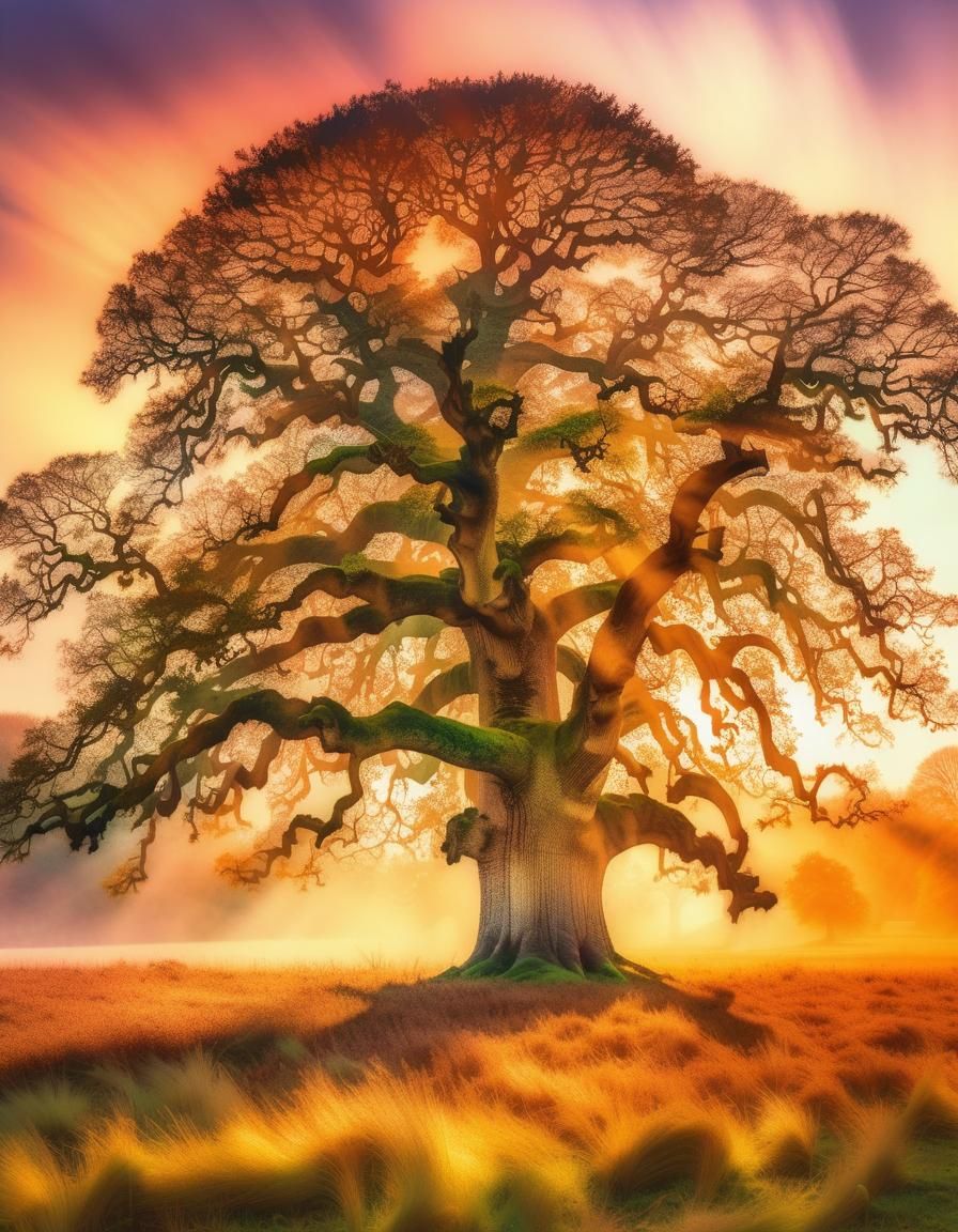 Seasonal Oak Tree in Watercolor Wash