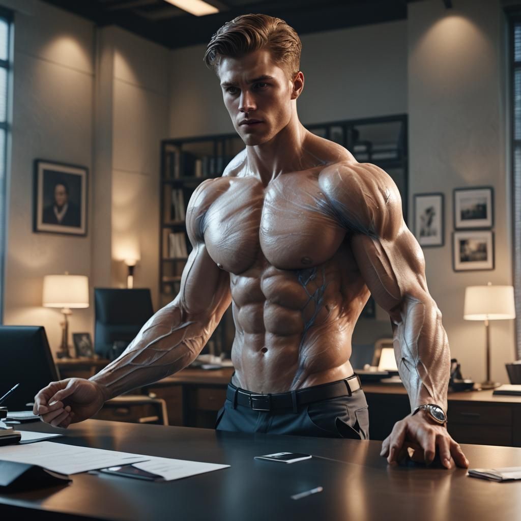 Ethereal Man Poses at Luxurious Office Table