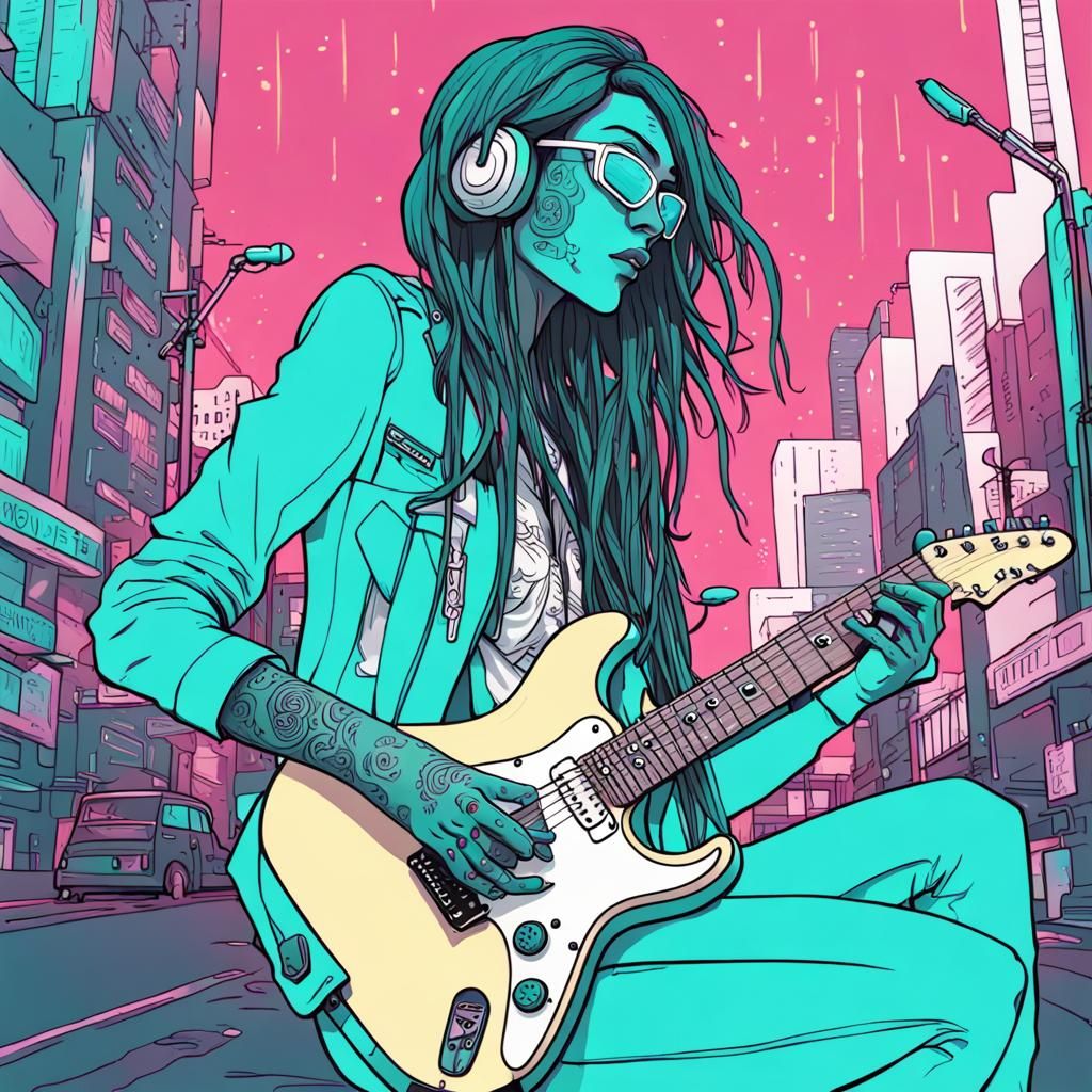 Cyberpunk Rockstar Portrait in Turquoise Neon