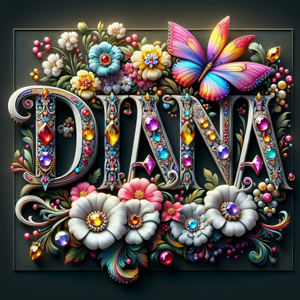 Create an image with the name 'Diana' in colorful pastel jewel-encrusted letters with pastel colors and intricate patter...