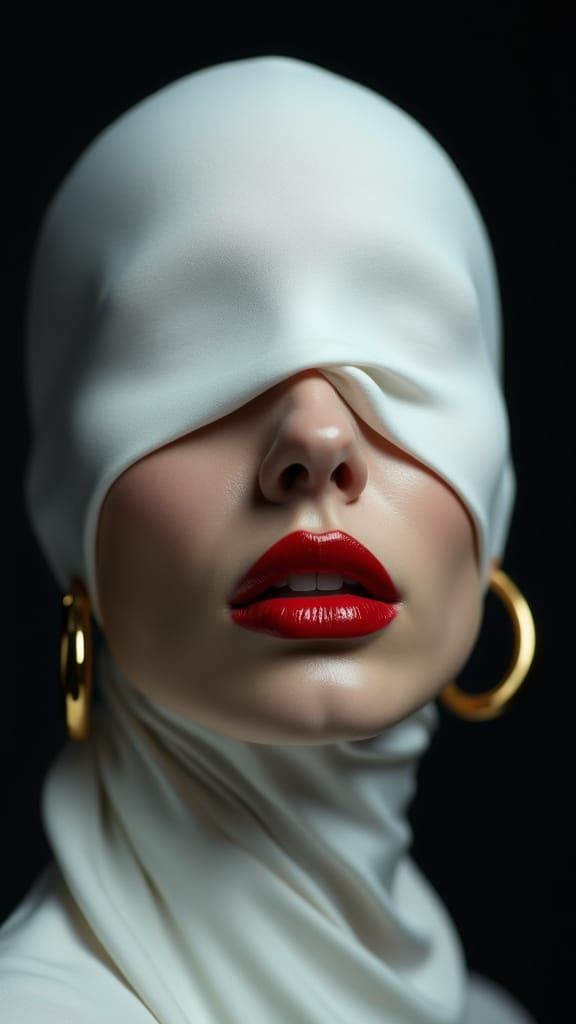 Mysterious Woman's Face in White Fabric