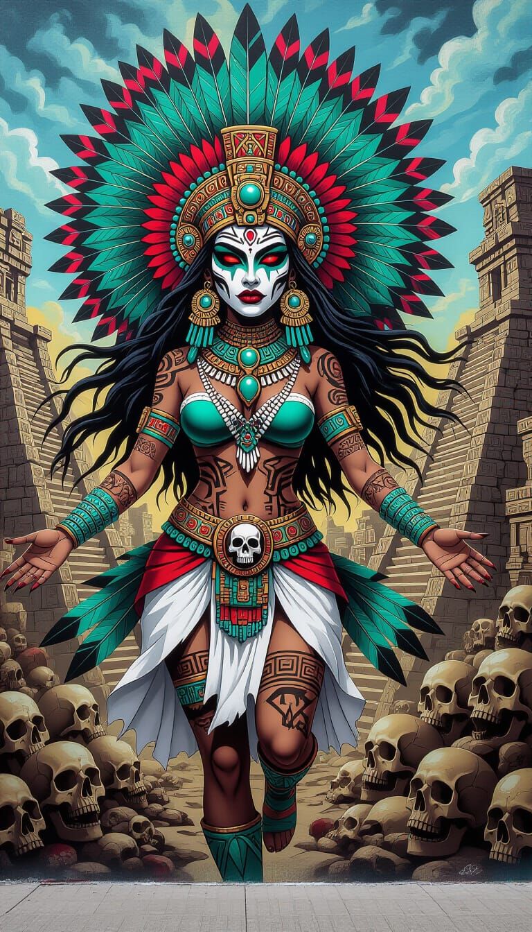 Aztec Goddess Street Art in Graphic Novel Style
