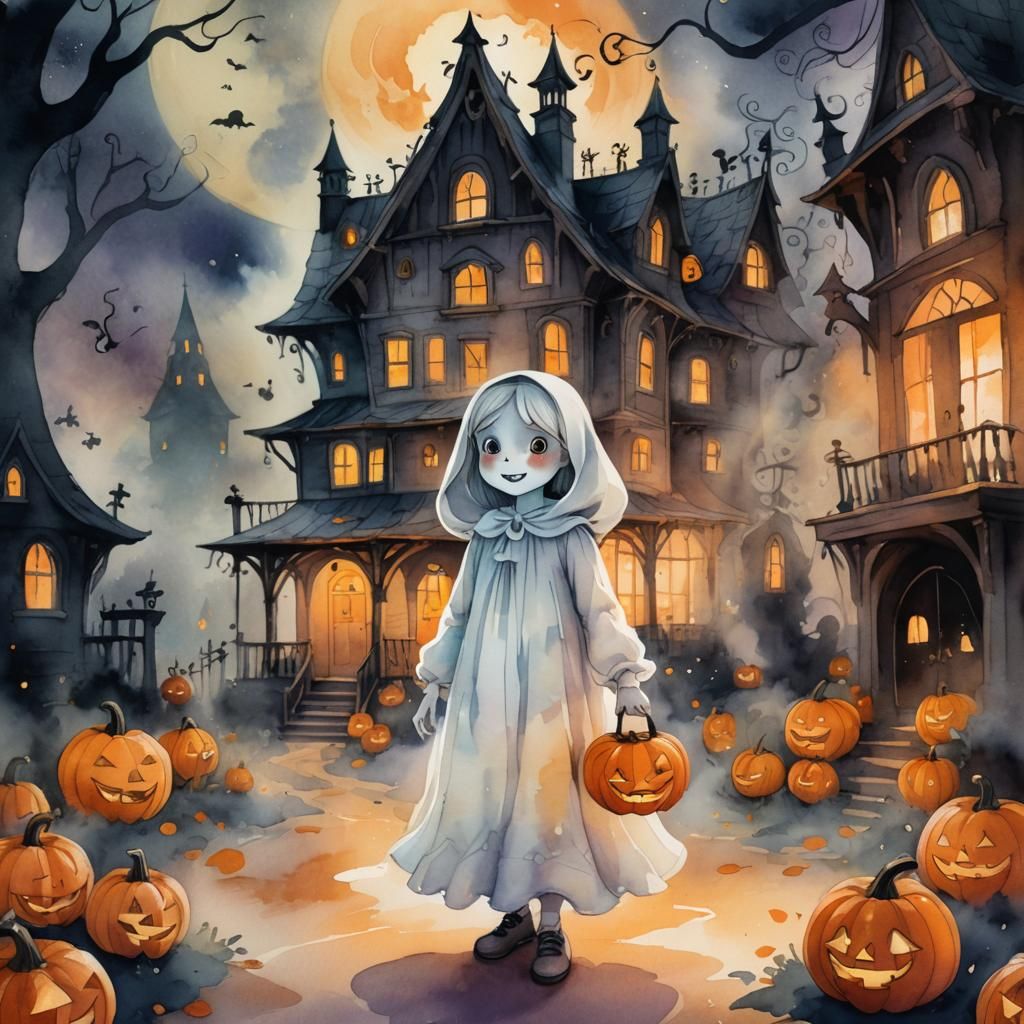 Girl in Casper Costume in Haunted House, Watercolor