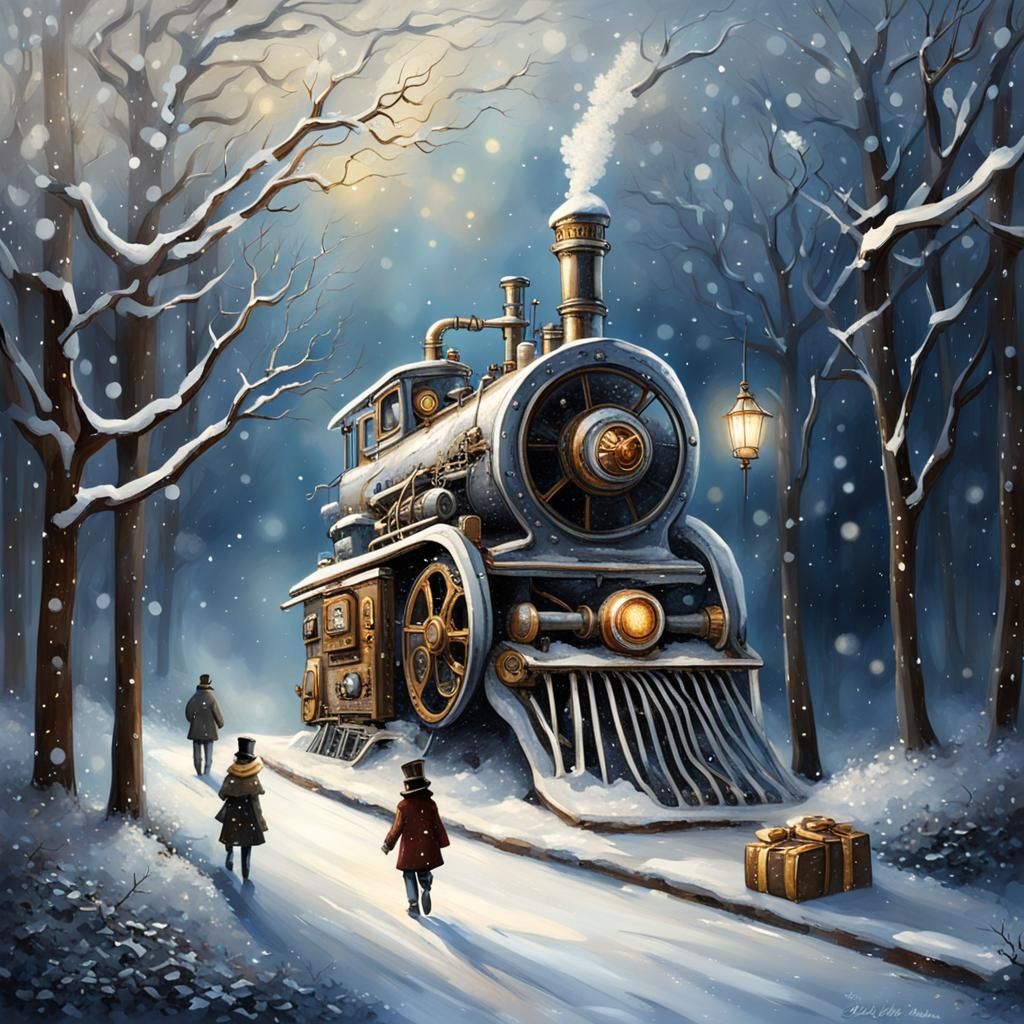Steampunk Engine Walks in Winter Wonderland