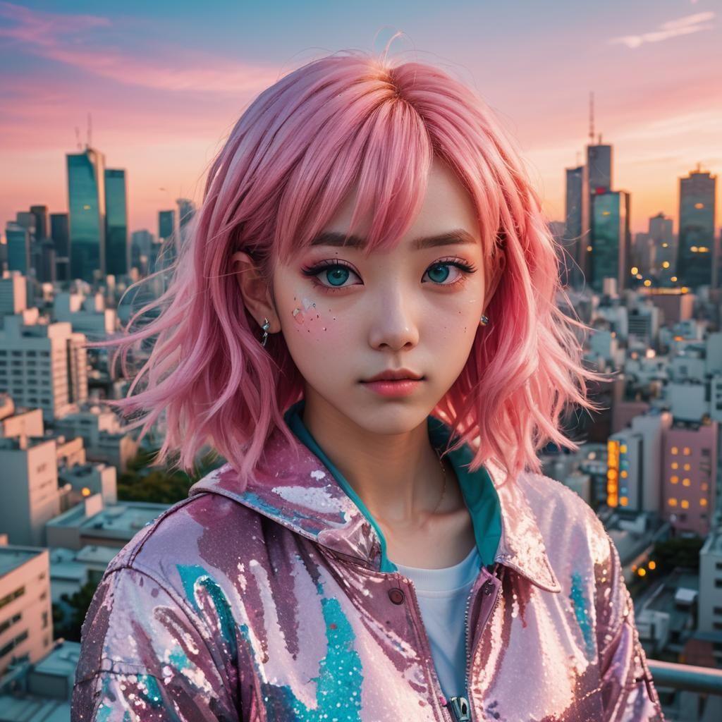 Vibrant Anime Portrait in Kawaii Harajuku Style