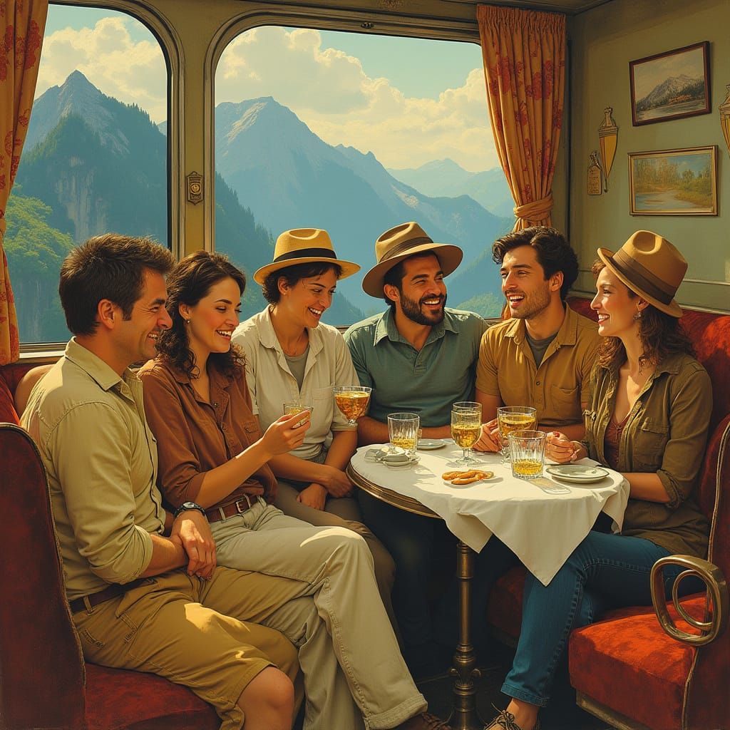 Six Friends in Alpine Adventure Gear Laughing and Drinking o...
