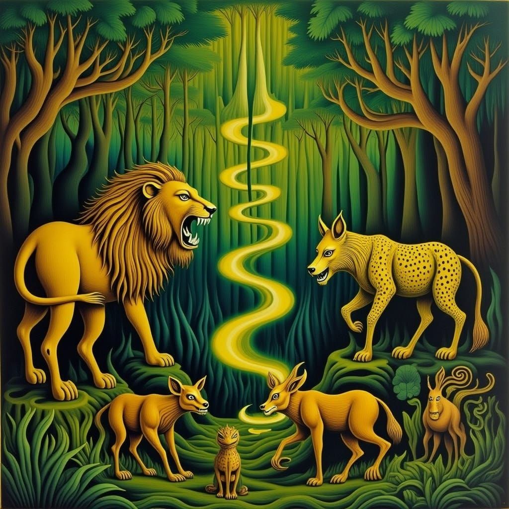 Lion Confronts Hyenas Under Ethereal Helix