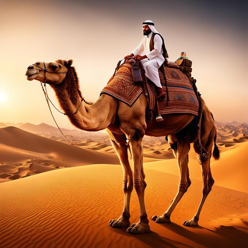 sand, desert, evening sunset, sheikh on a camel on the way, sf, intricate artwork masterpiece, ominous, matte painting m...