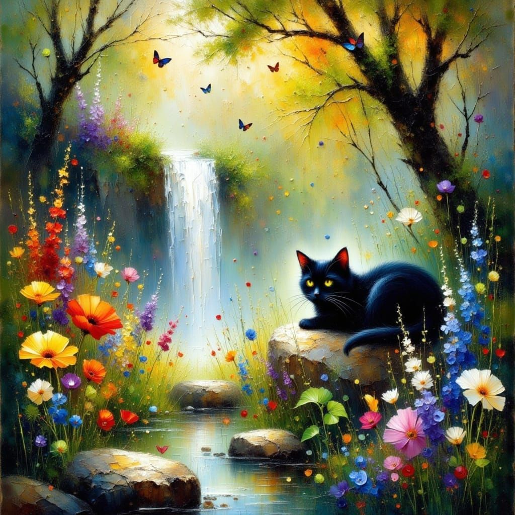 Whimsical Earthly Paradise with a Sleeping Cat