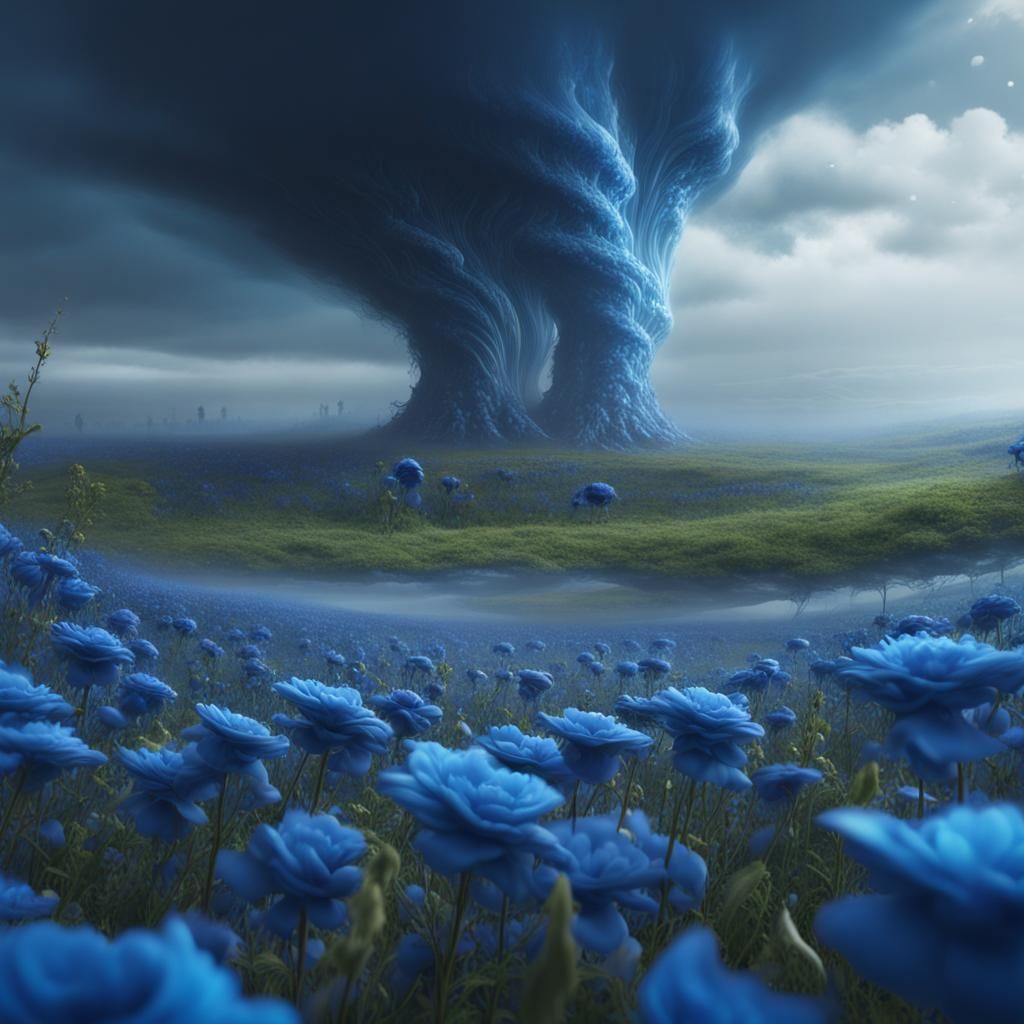 Twin Tornadoes Sweep Through Blue Flower Field