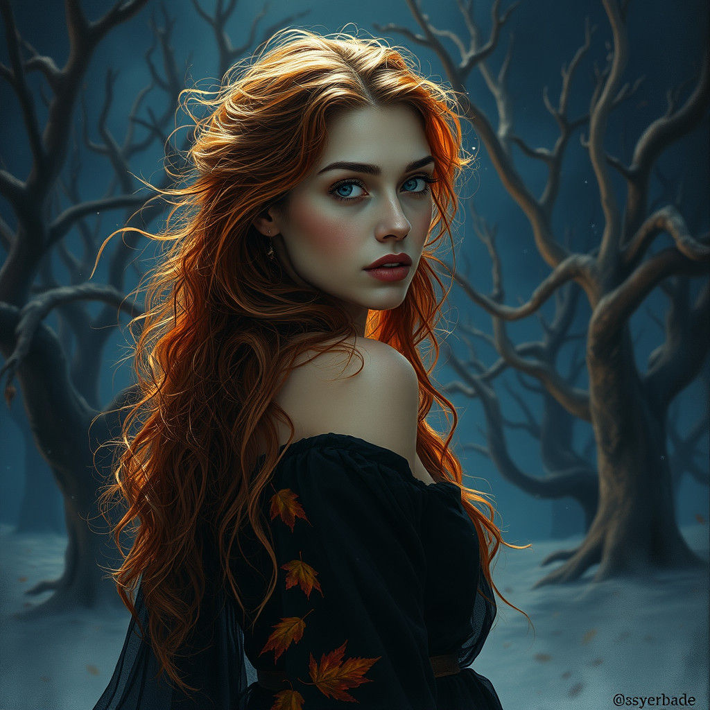 Mystical Autumn Goddess in Moody, Atmospheric Style