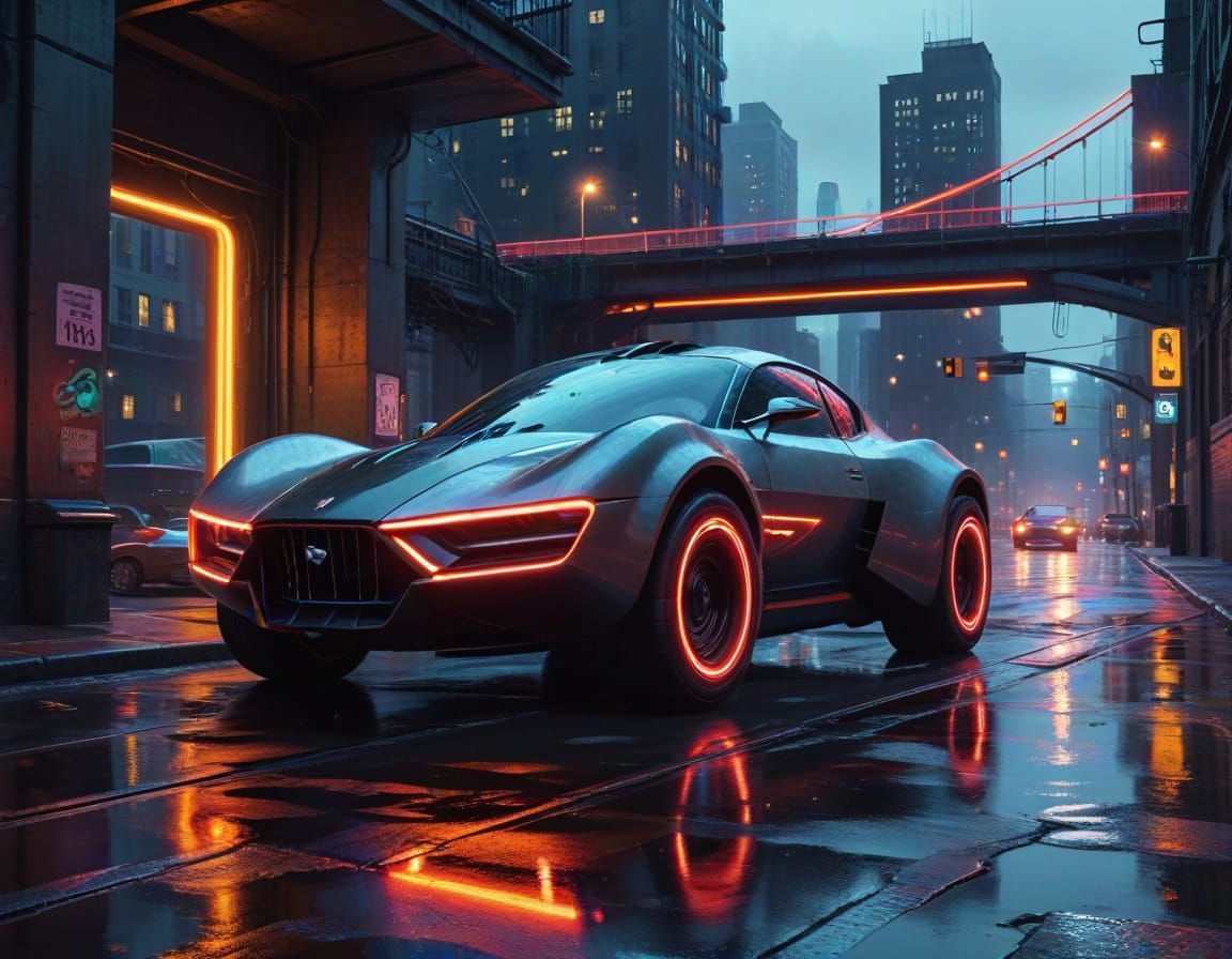 Flying Car and Grumpy Troll in Neon City