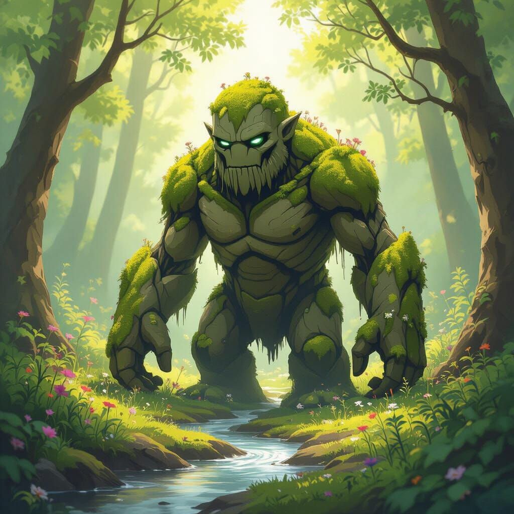 Mossy Stone Golem Awakens in Sunlit Forest