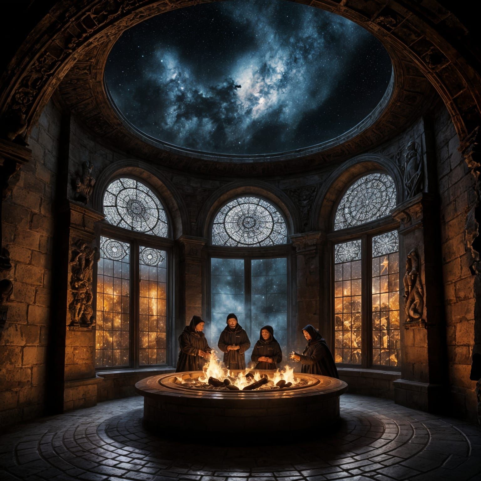 Hooded Figures Gather Around a Fire in a Celestial Chamber