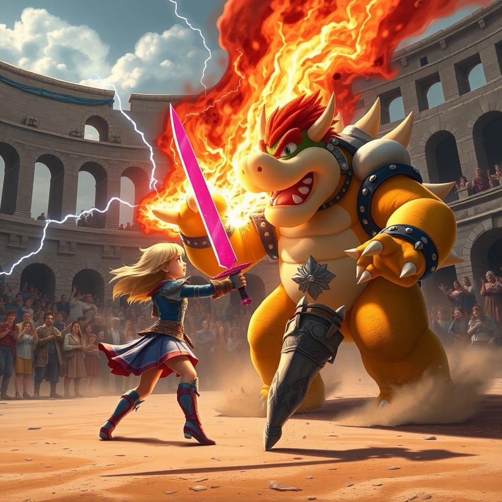 Epic Battle: Armored Girl vs. Bowser in Digital Painting