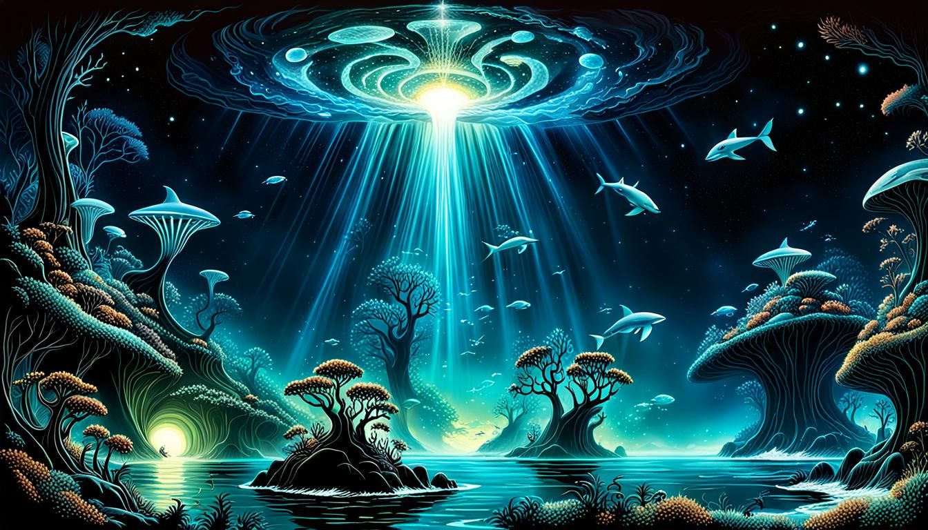 Surreal Oceanic Gardens Illuminated by Bioluminescent Guardi...