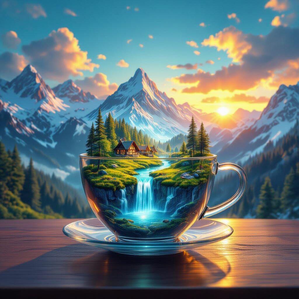 Miniature World in Glass Teacup: Dreamy Digital Art