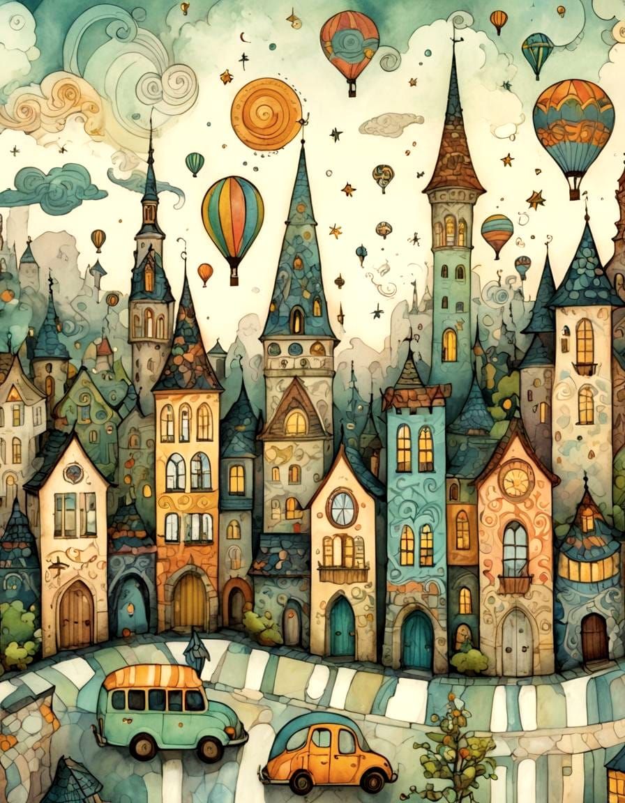 Whimsical City: Abstract Vector Fractal in Ethereal Gouache