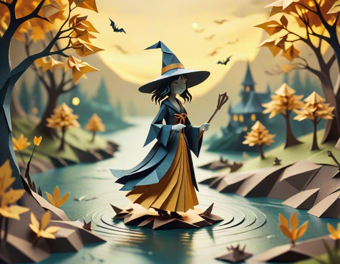 Whimsical Papercraft Witch by River in Origami Style