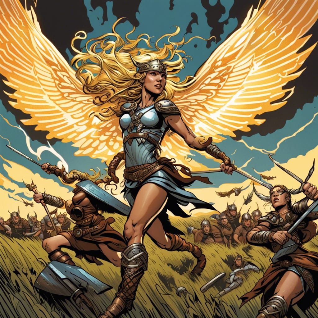 Valkyrie Over Viking Battlefield in Comic Style