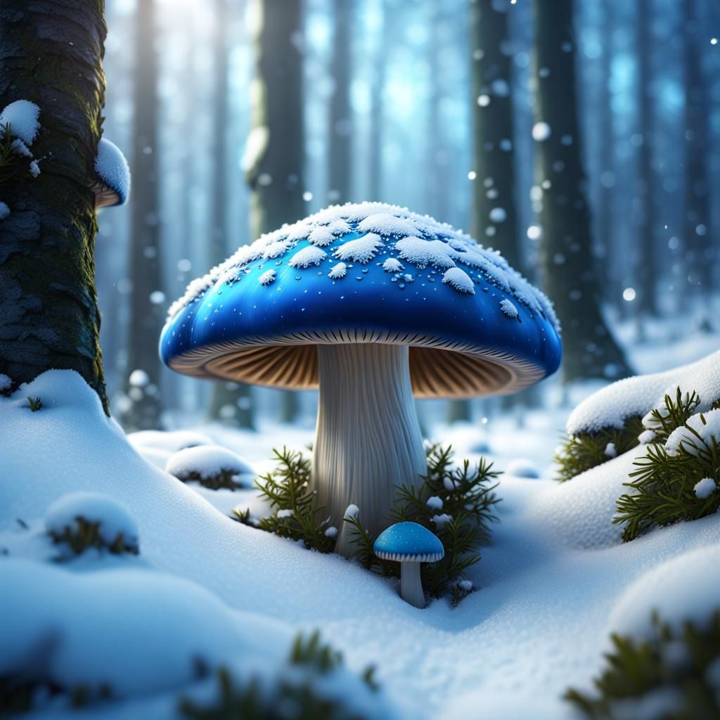 Magical Blue Mushroom in Snowy Forest: Fantasy Art