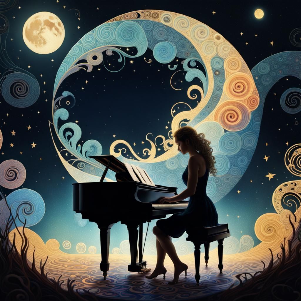 Woman Plays Piano in Zentangle Art Nouveau Style