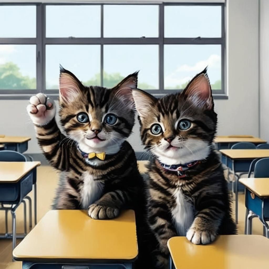 Happy Cartoon Kittens Eagerly Raise Hands in Class