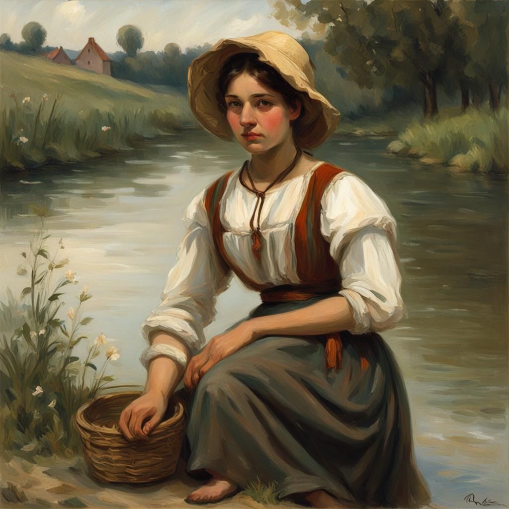 Peasant Woman by River in Neo-Romantic Style