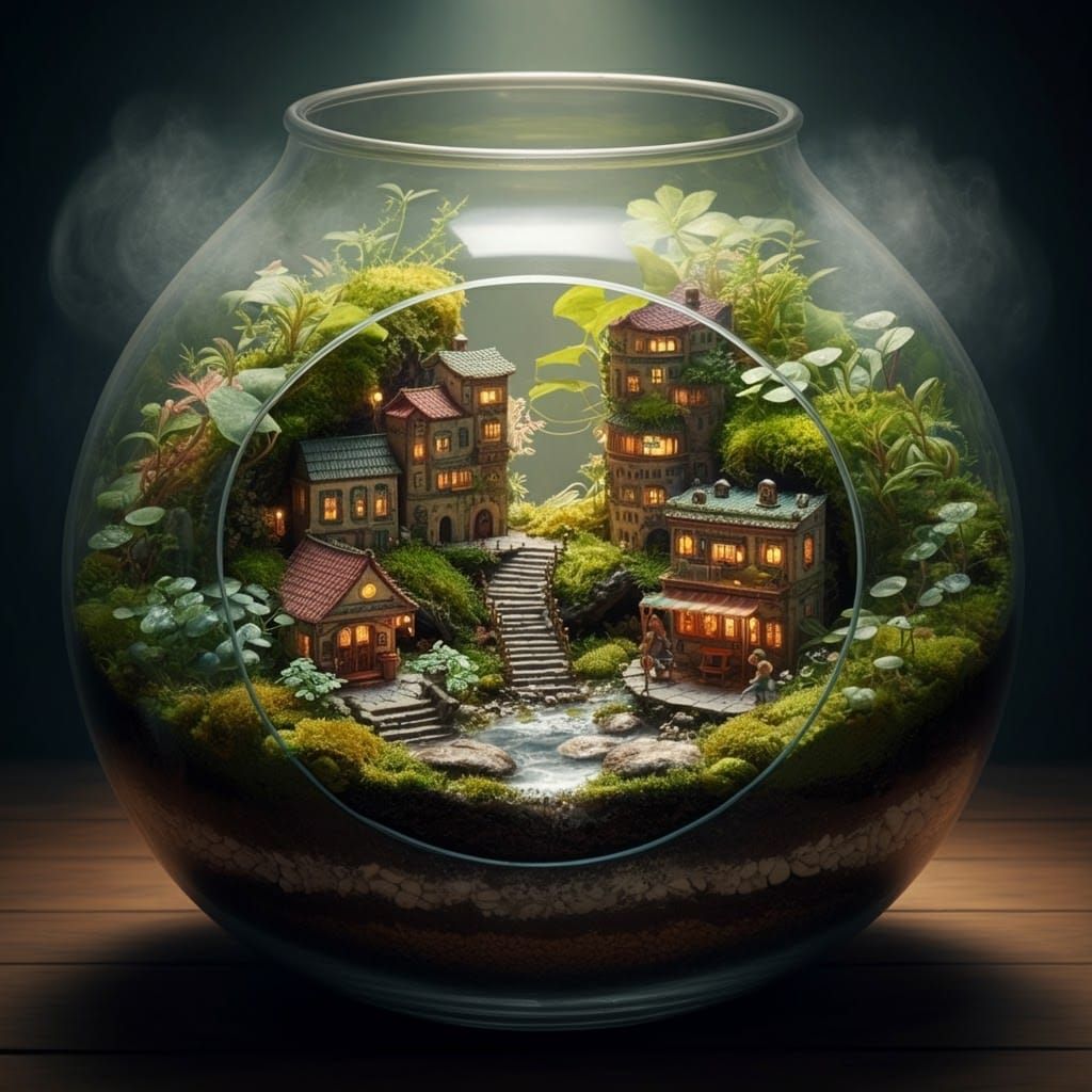 Miniature Cityscape in Terrarium, Dreamlike Digital Art
