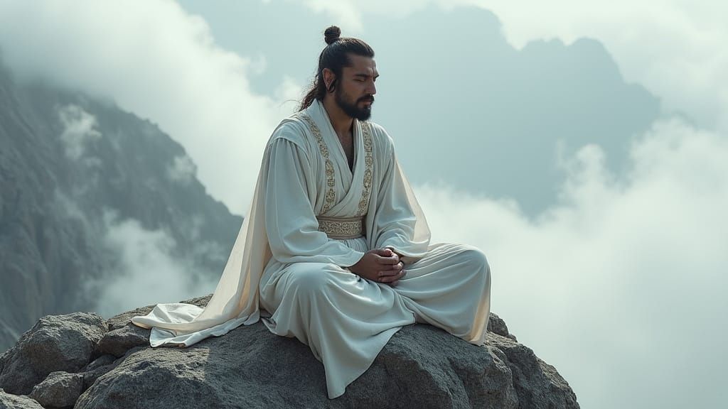 Mystical Warrior Contemplates Inner Strength on Mountain Pea...