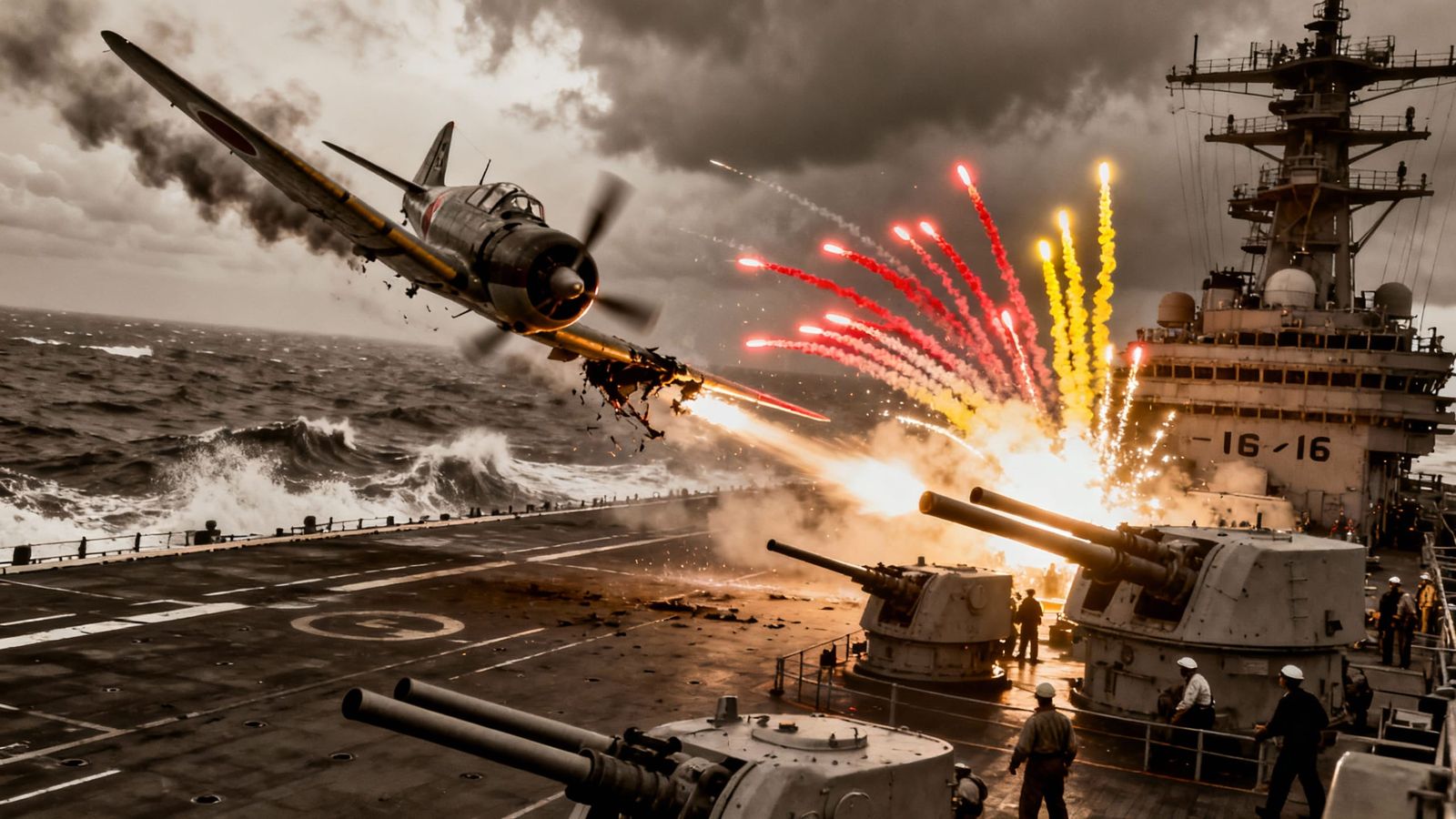 WWII Kamikaze Attack: Zero Dives on USS Lexington