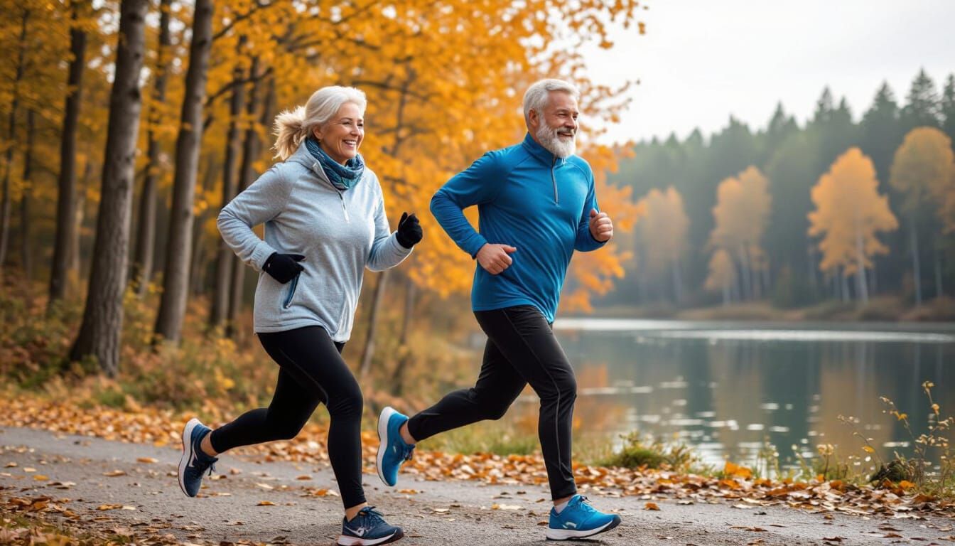 Smiling Older Couple Running in Autumn Forest