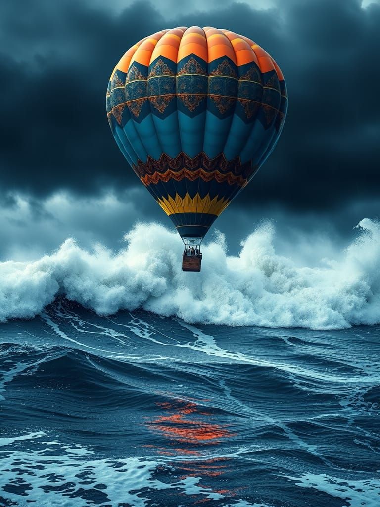Majestic Hot Air Balloon Soars Above Turbulent Ocean