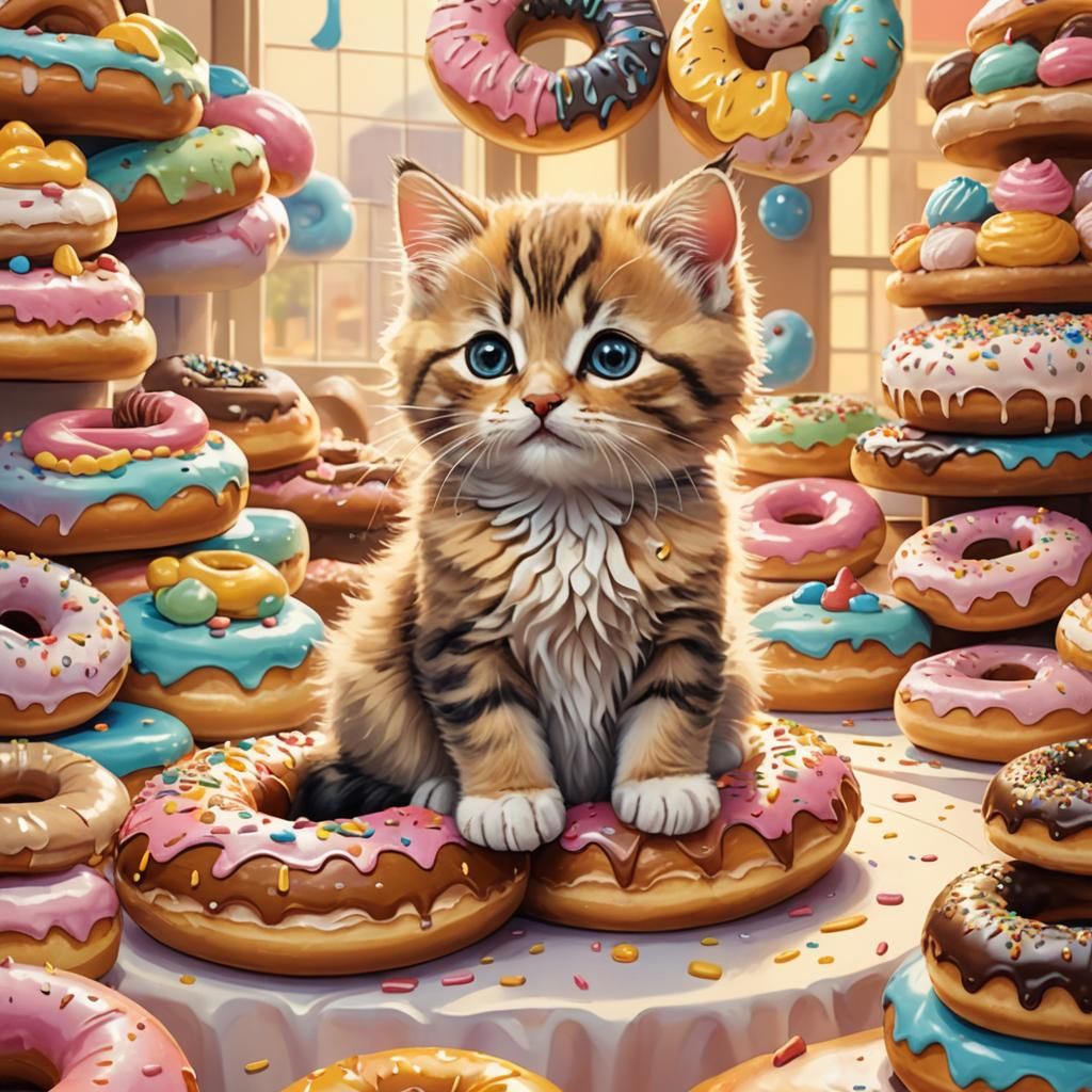 Kitten on Doughnut in Whimsical Watercolor Style