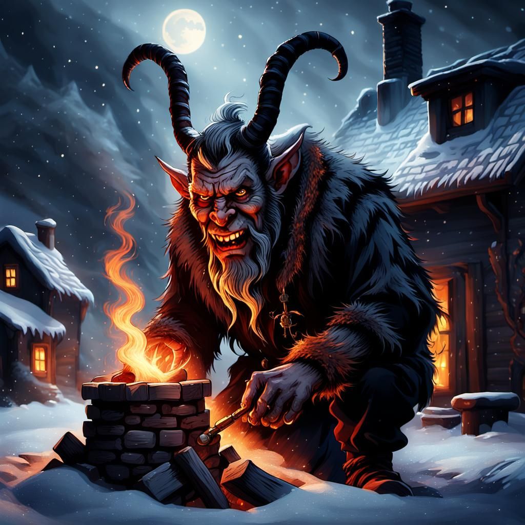 Krampus Emerges in Snowy Village at Night