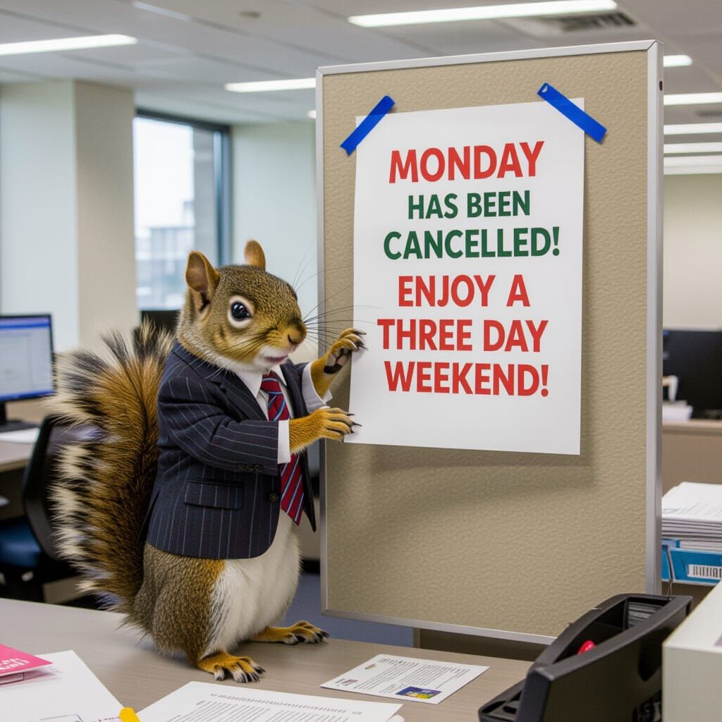 Squirrel Prankster Cancels Monday: Whimsical Office Scene
