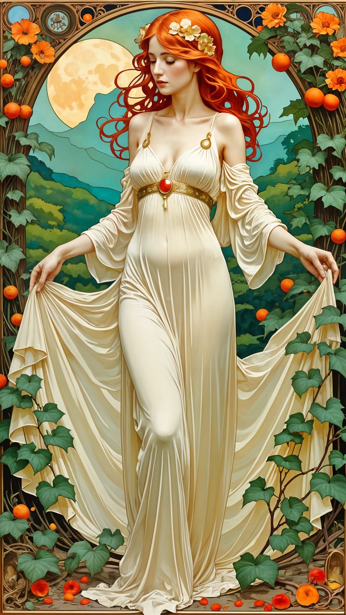 Woman in Art Nouveau Style with Vibrant Orange Hair and Dres...