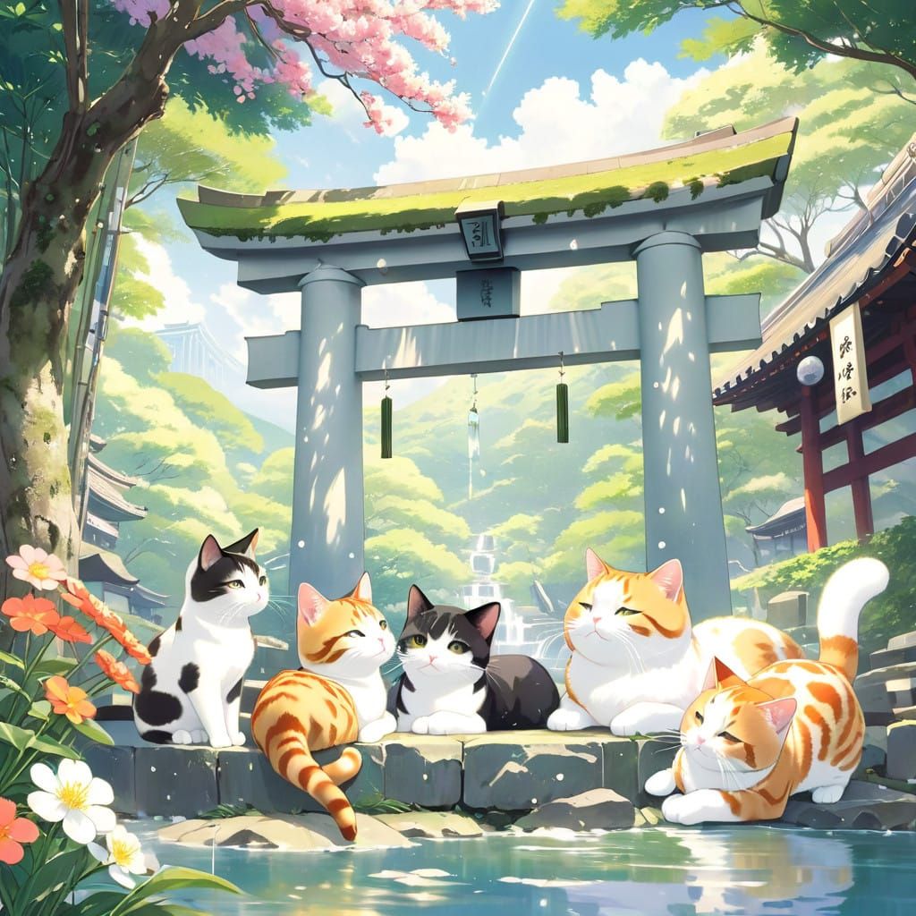 Anime Cats in Serene Japanese Shrine Setting