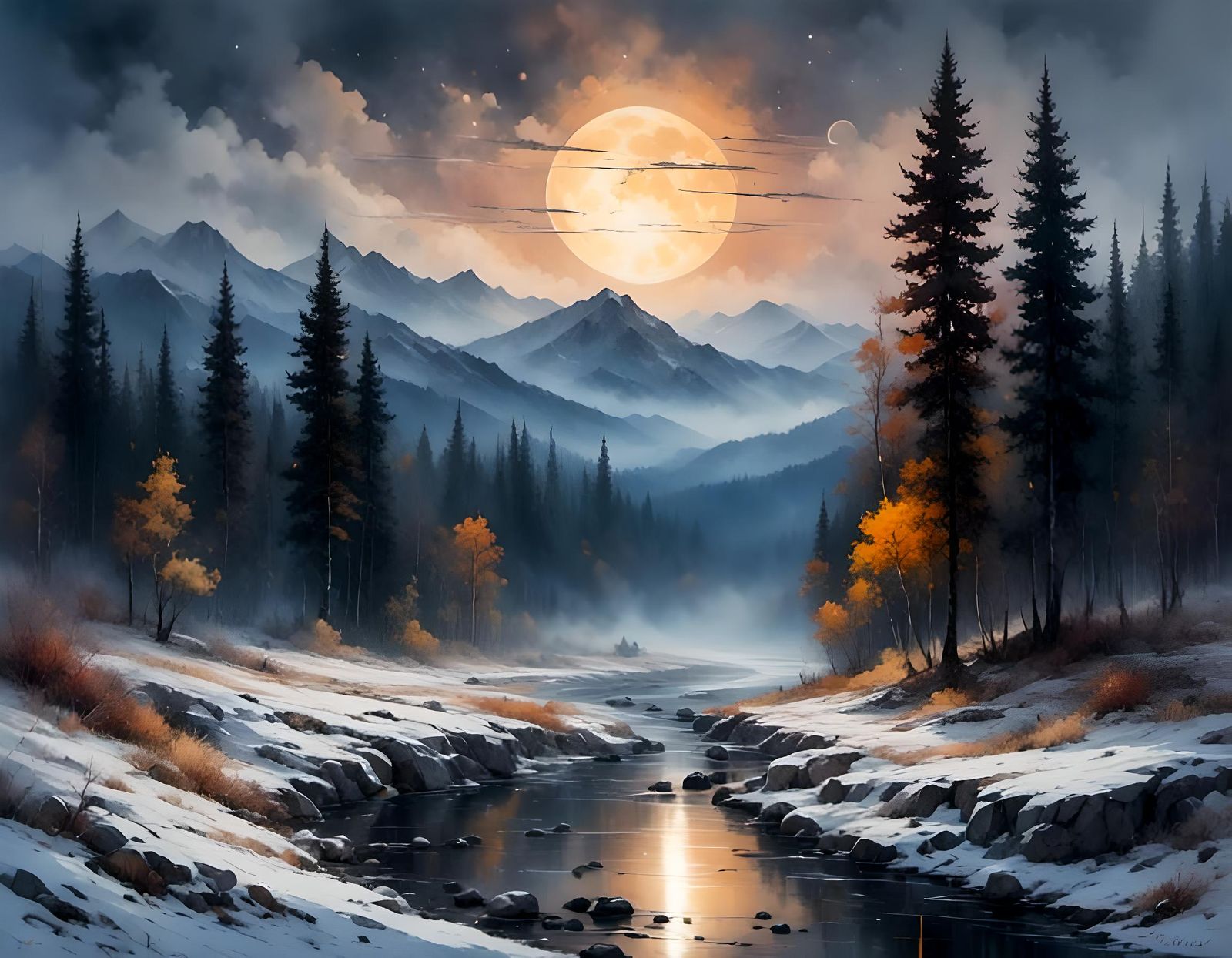 Eerie Halloween Landscape with Lunar Eclipse