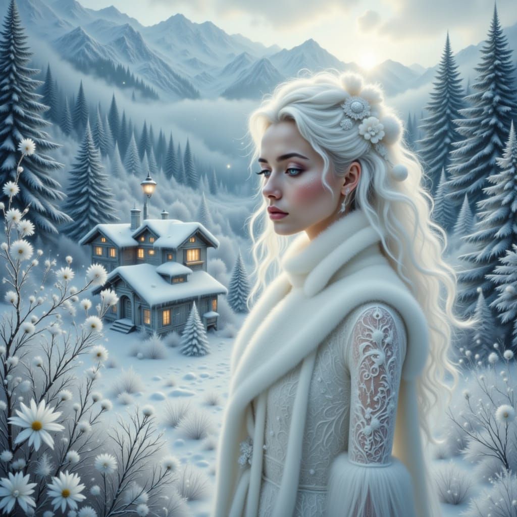 A magical, fairytale winter landscape in hyper-realistic fantasy style. Snow-covered hills, dense pine forests, and maje...