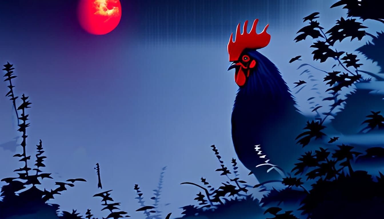 Dark Fantasy Rooster in Mysterious, Misty Forest