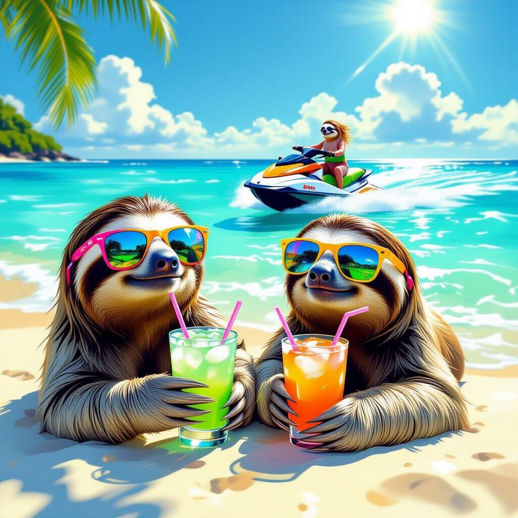 Sloths Enjoy Tropical Beach Vacation in Hyperrealistic Digit...