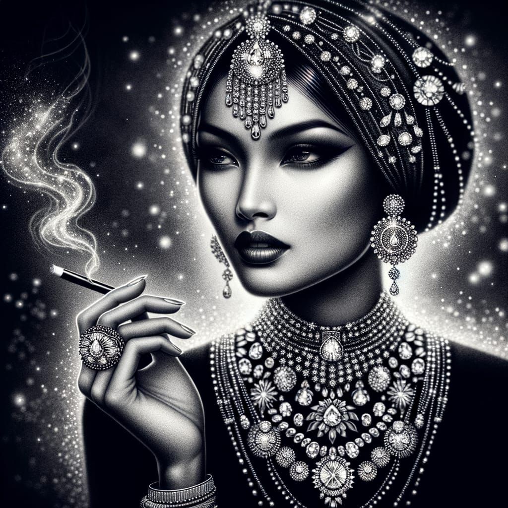 South Asian Woman in Diamond Jewelry, Pencil Drawing