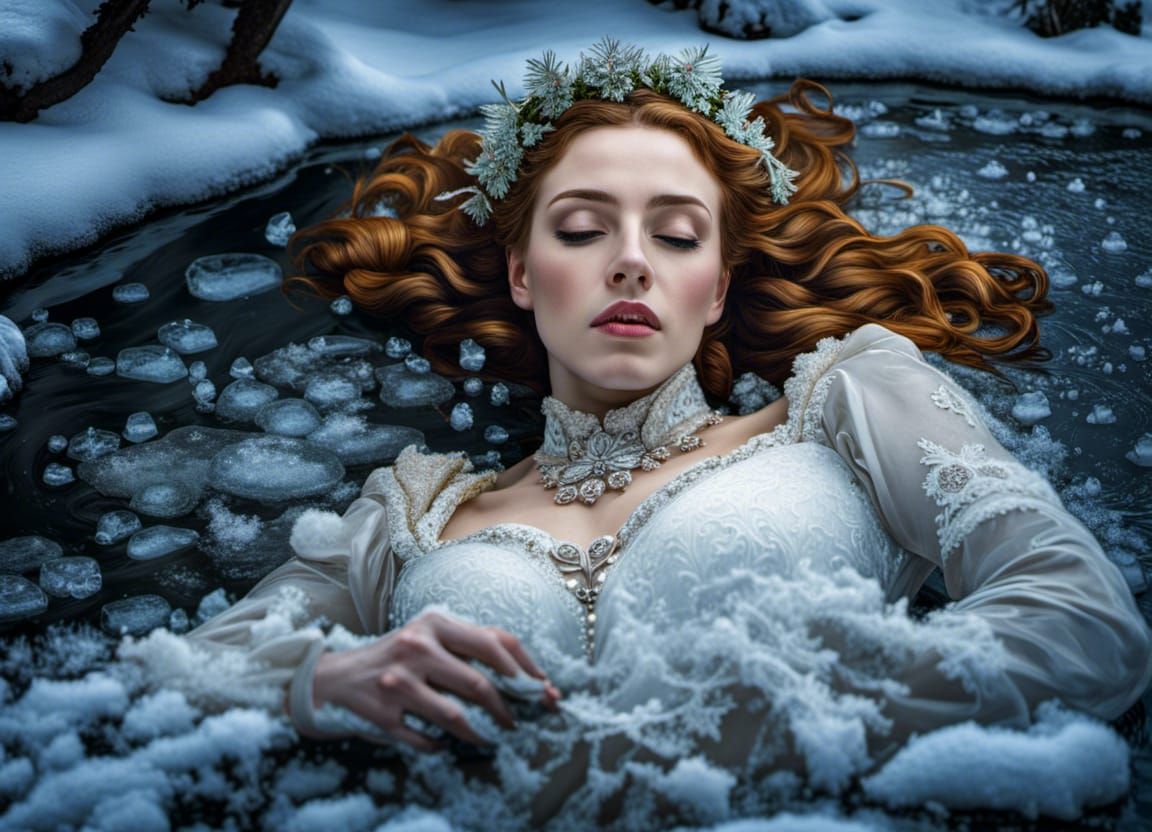 Icy Woman: A Hyperrealistic Pre-Raphaelite Scene