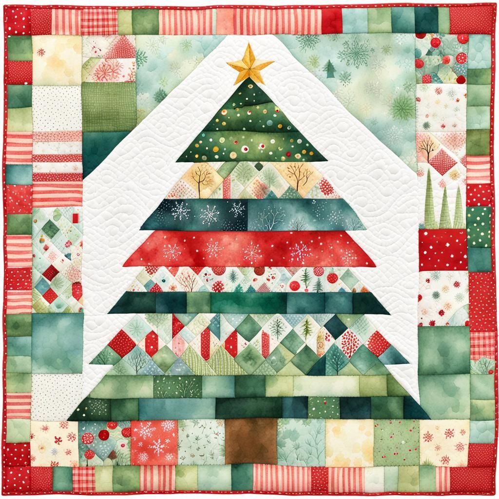 Christmas Tree Patchwork Quilt in Watercolor Style