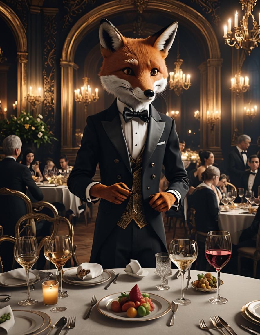 Fox in Tuxedo at Dinner Party in Baroque Style